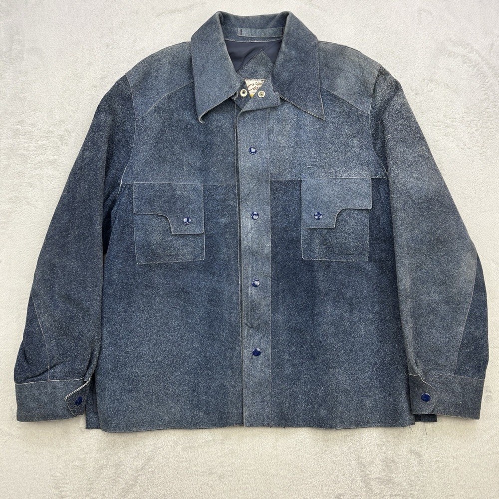 Vintage Split Cowhide Jacket Mens XL Blue Western Suede Leather Grais Snap 70s